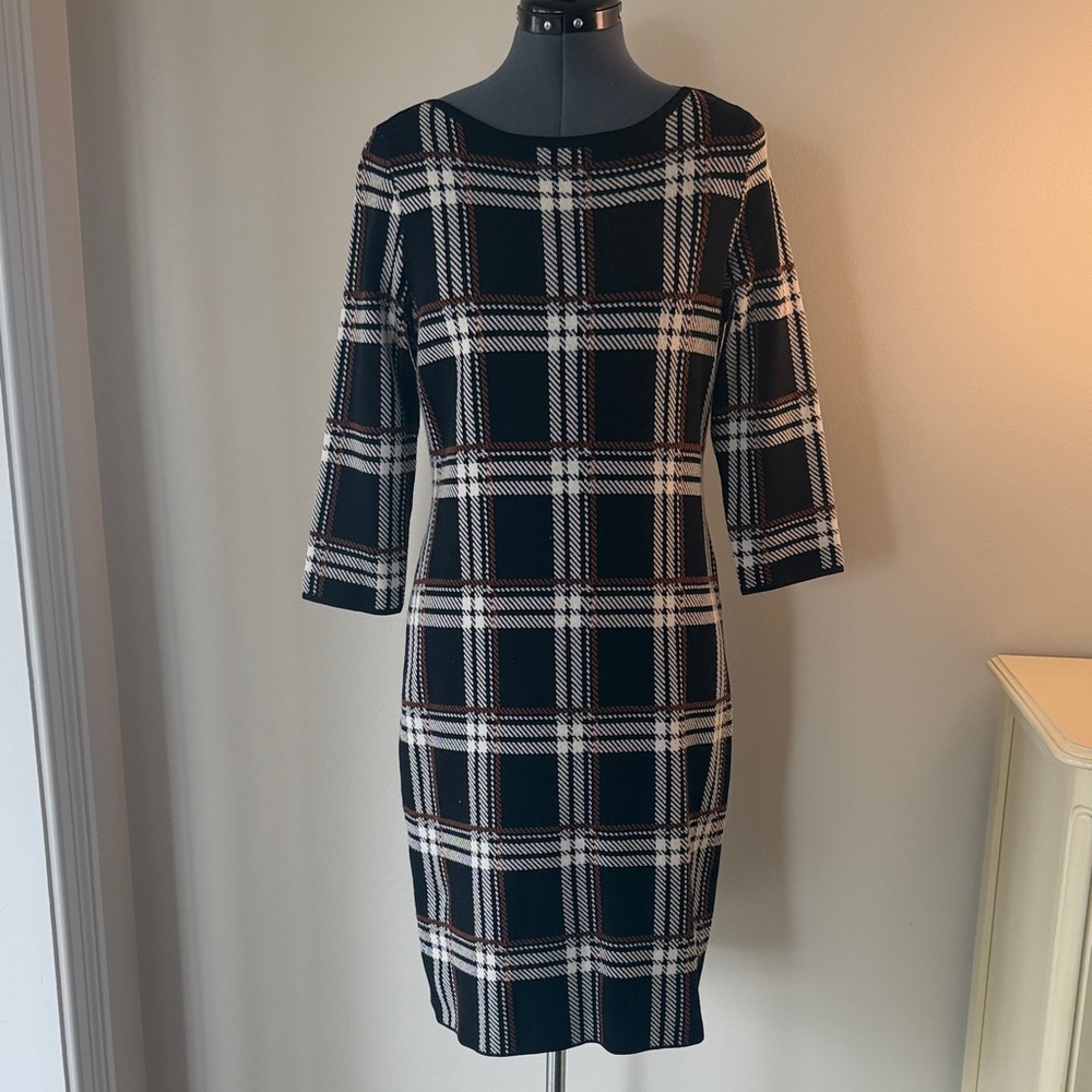 Ann Taylor Black and White Plaid Long Sleeve Dress